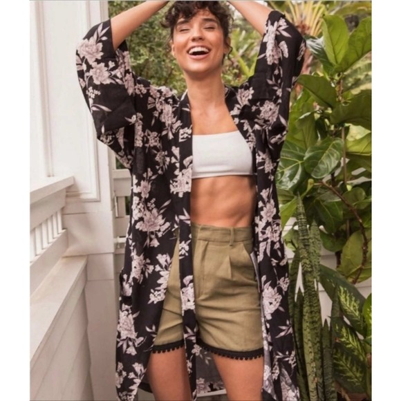 Spiritual Gangster Sweaters - Spiritual Gangster Womens Black Floral Rayon Kimono Cardigan Coverup OS